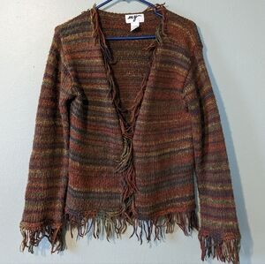 Vintage Multicolor Stripe Fringe Knit Cardigan Size L